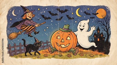 Retro halloween illustration featuring smiling witch riding broomstick with friendly ghost and jack o lantern.