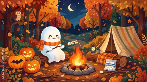 Friendly ghost character roasting marshmallows by campfire in autumn forest near tent and glowing pumpkins.