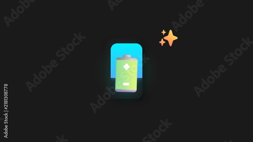 Battery charging animation with green energy level indicator fill up on dark background screen