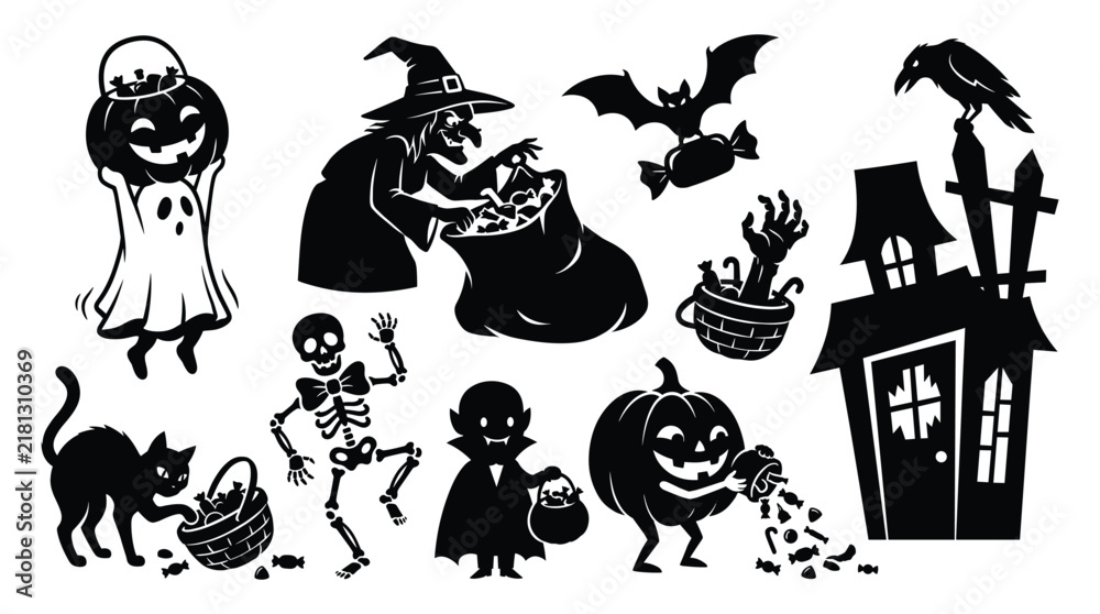 Fototapeta premium Halloween silhouettes with pumpkins, witch, bats, skeleton, and haunted house