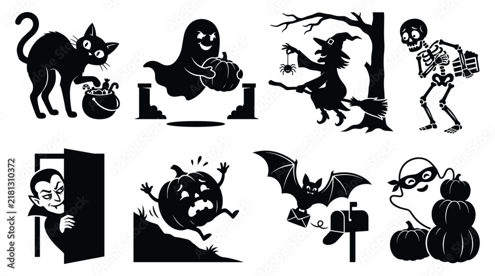 Fototapeta premium Halloween silhouettes of black cat ghost witch skeleton vampire pumpkin bat