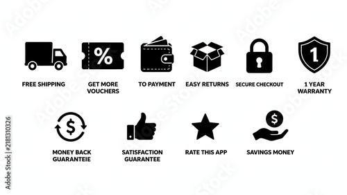 Ten solid black icons feature free shipping, vouchers, payment, returns, and secure checkout service labels. Additional symbols represent warranty and money back guarantees. Vector set for e-commerce.