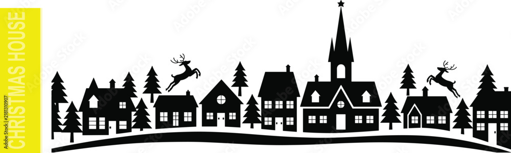 Fototapeta premium Christmas winter village silhouette with houses church pine trees reindeer and snowy landscape festive holiday illustration