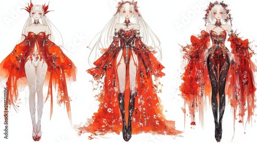Three fashion illustrations of women in elaborate red floral haute couture dresses.
