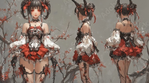 Anime character design sheet with front side and back views in gothic lolita style