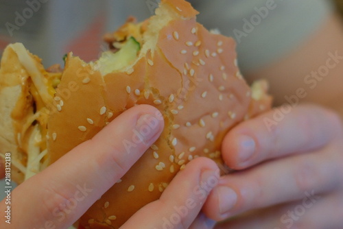 Quadro su tela Person enjoys a delicious cheeseburger with sesame seed bun for a quick lunch me