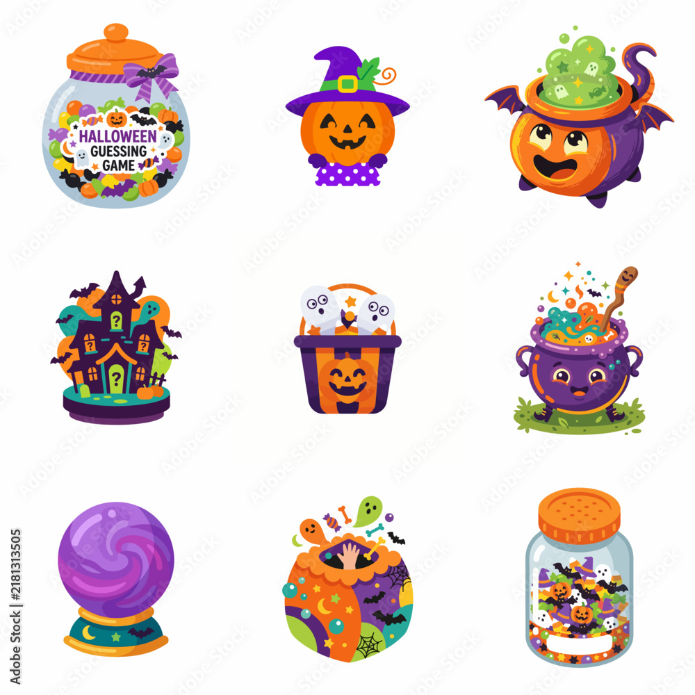 Fototapeta premium Cute Halloween Icon Set with Pumpkins Cauldrons Haunted House and Candy Jars for Festive Graphic Design