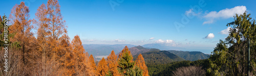 Wide panoramic view from Mount Hiei over layered mountain ridges and a distant valley in Japan, with rust orange and green conifers along a wooded hillside under a clear blue sky.