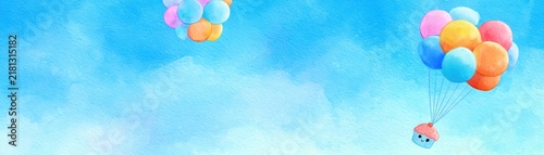A watercolor illustration of balloons carrying small houses floating gently in a bright blue sky, hand drawn kid friendly background