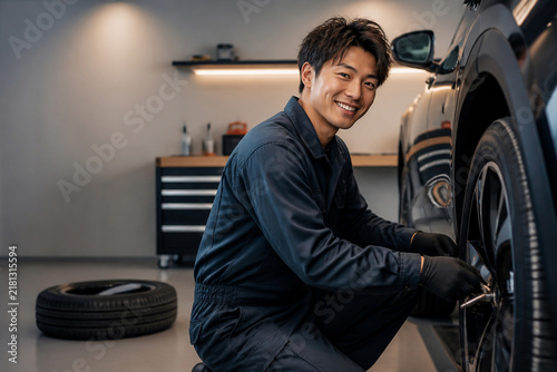 Plakat w ramie 現代的なガレージでタイヤ交換をしている、笑顔の日本人男性整備士 Generative AI