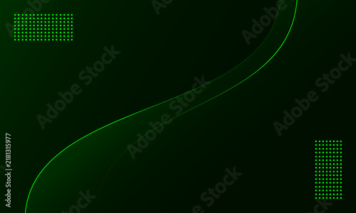 Abstract dark green curve background with neon lines and dots. Simple gradient background.