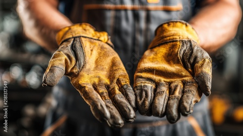 Dirty leather work gloves held in hands of industrial factory worker