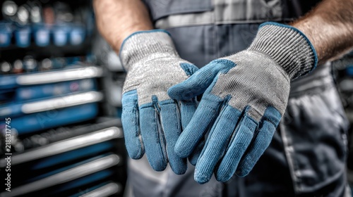 Professional mechanic wearing blue and grey protective work gloves inside garage