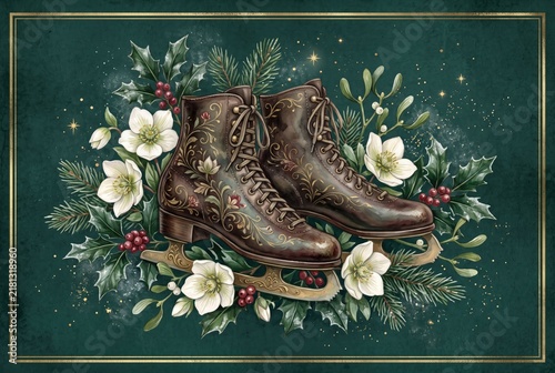 Ornate Vintage White Ice Skates Decorated with Christmas Holly, Red Berries and Gold Accents, Elegant Holiday Illustration