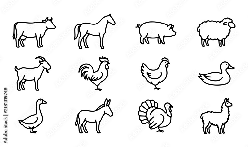 Fototapeta premium Minimalist farm animal outline icons set with black continuous line art livestock vectors for modern agriculture logo design