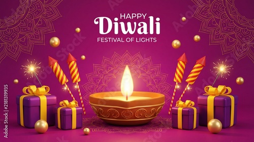Happy diwali festival of lights with diya lamp, gift boxes, and firecrackers on a festive purple background