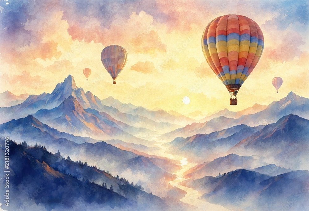 Fototapeta premium Watercolor painting of colorful hot air balloons floating above a misty mountain valley and winding river at sunrise.