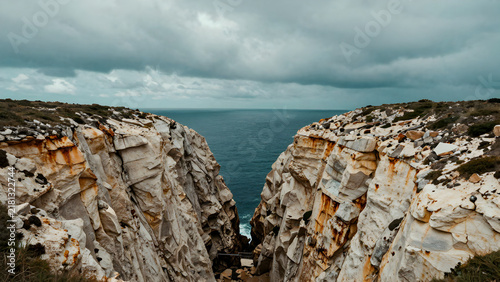 Dramatic coastal cliffs overlooking a dark stormy sea