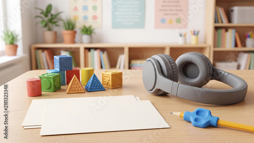 Headphones rest on wooden desk alongside colorful tactile blocks under bright morning window light.