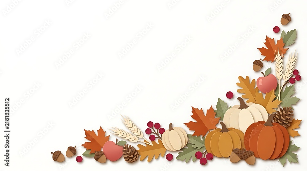 Fototapeta premium Autumn harvest decorative border featuring pumpkins leaves acorns and berries isolated on transparent background