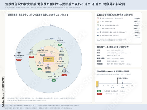 Hazmat facility safety distance site plan with compliance verdicts