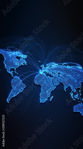 Bright routes connect continents hub digital world map. global networks, international , data transfer, cloud services, telecom, logistics, financial markets, worldwide business presentations. 3D 4K