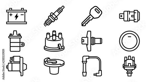 Car electrical and ignition system parts line icon set. Automotive auto repair and maintenance vector illustration.