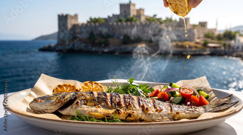 Grilled Whole Sea Bass with Fresh Salad and Lemon Squeeze against Bodrum Castle Background