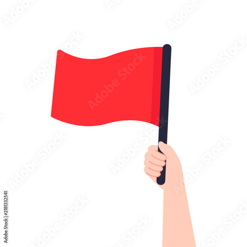 Hand holding a red flag. Attention, caution, danger, alert, warning concepts. Flat character vector design isolated illustration.