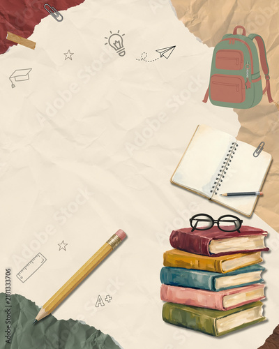 Back to School Vintage Paper Collage with School Supplies and Copy Space