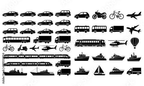 Transportation Silhouette Vector Set, Cars, Buses, Trucks, Trains, Aircraft, Boats and Vehicles