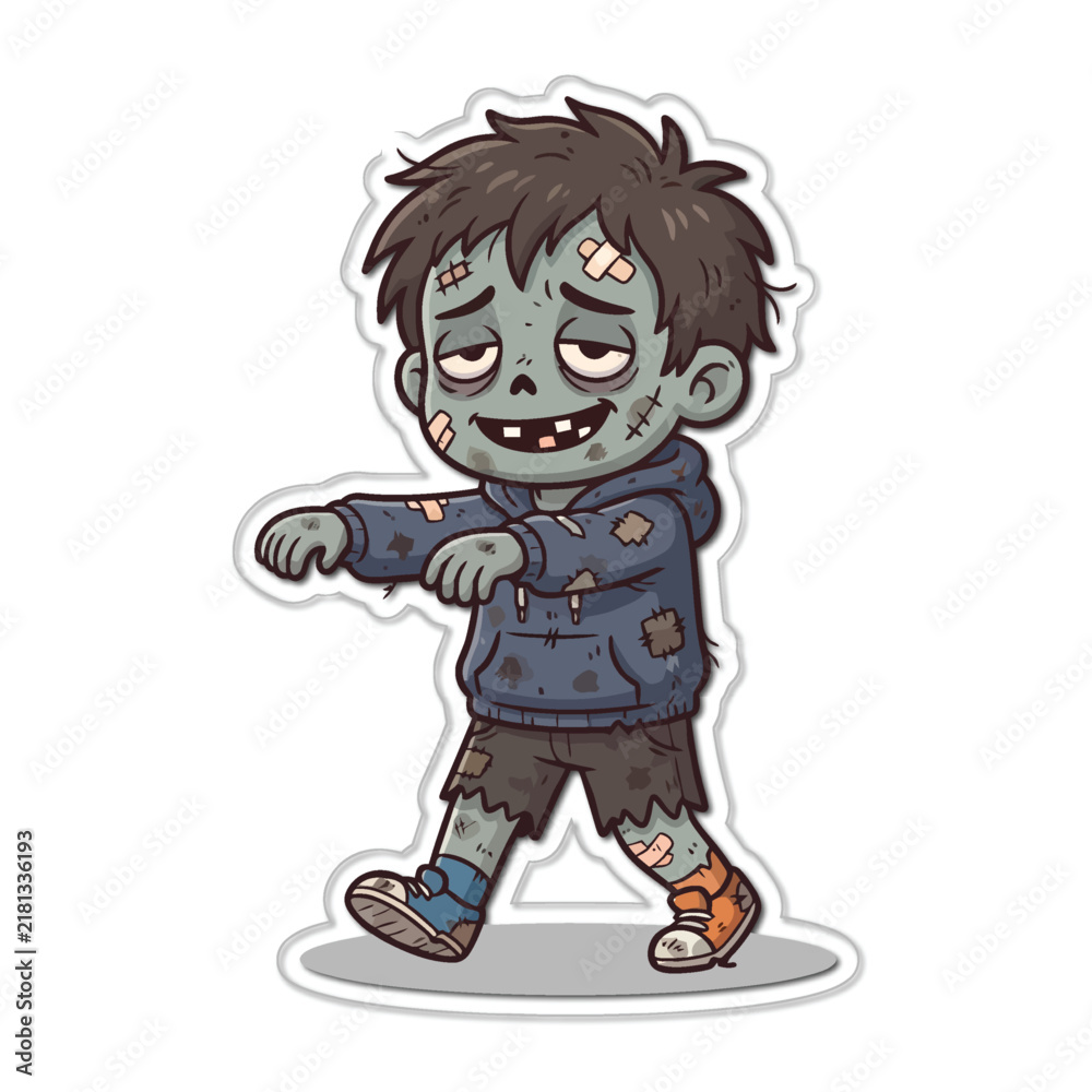 Obraz premium Cute Zombie Child Character with Eyepatch and Bandages Cartoon Sticker 