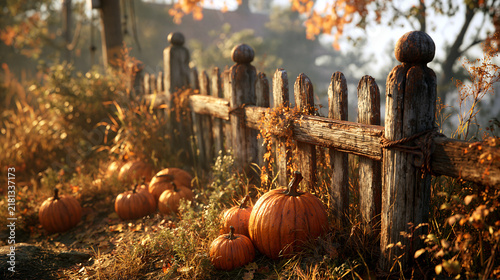 Rustic wooden fence decorated with autumn pumpkins in a golden fall garden setting