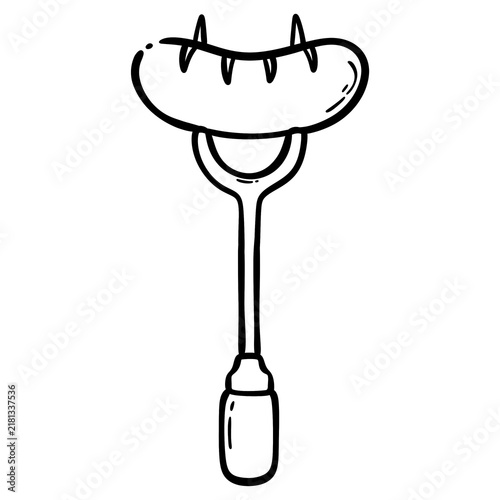 Sausage on Roasting Stick Hand Drawn Doodle Black Line Art