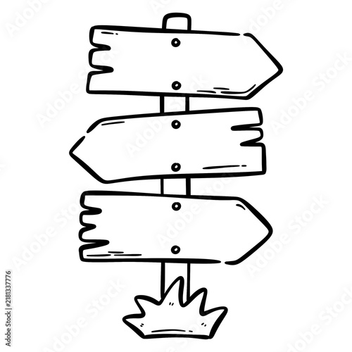 Wooden Directional Sign Hand Drawn Doodle Black Line Art