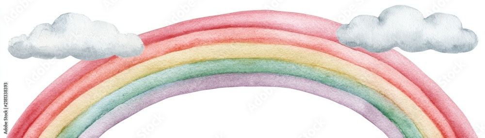 Obraz premium A colorful hand-drawn rainbow with soft pastel tones stretches between two fluffy clouds against a white background, hand drawn kid friendly background