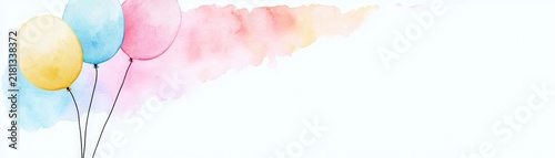 Watercolor painting of pastel balloons with soft pink and blue background blending into white space, hand drawn kid friendly background