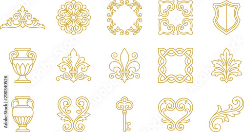 Set of golden heraldic symbols and ornate frames with royal motifs for elegant stationery.
