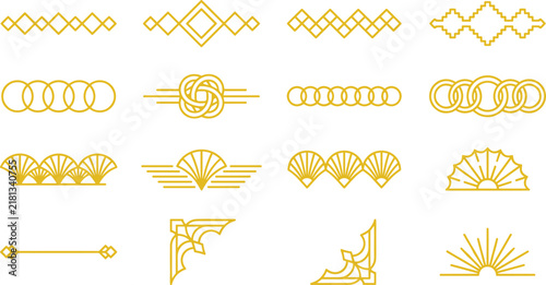 Golden art deco border vector set with geometric dividers and vintage fan pattern accents.
