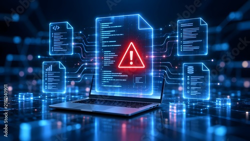 Cybersecurity threat concept with red warning triangle glowing on laptop screen amidst digital documents and binary code networks
