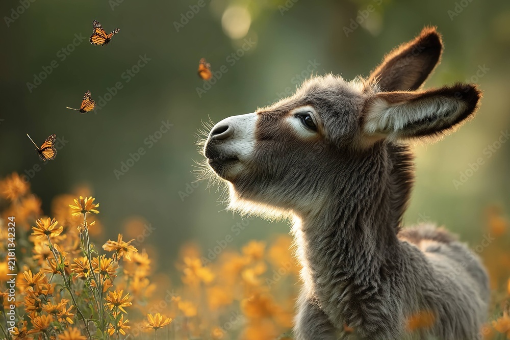 Obraz premium donkey foal playing with butterflies in summer meadow