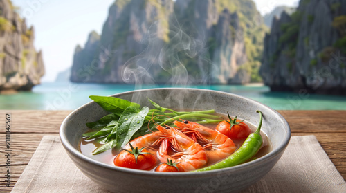 Authentic Filipino Sinigang na Hipon Shrimp Soup with a Tropical Island Background
