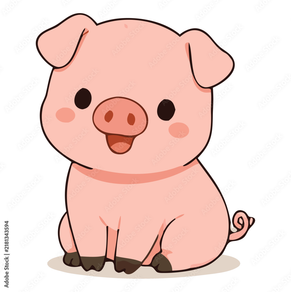 Fototapeta premium Cute Pink Pig Character Sitting with Curly Tail, Friendly Farm Animal Cartoon Illustration
