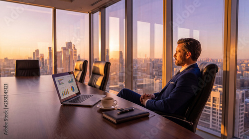 Thoughtful businessman sitting in executive office at sunset, looking out window with laptop black notebook and hot tea on desk