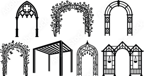 Bild auf Leinwand Set of black vintage garden arches, pergolas, and decorative architectural archw