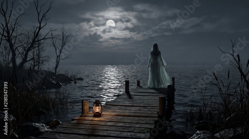 Ghostly apparition on a haunted moonlit lake dock