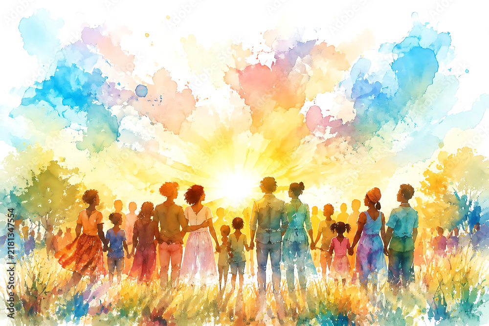 Fototapeta premium Sunrise gathering in open field, Juneteenth watercolor illustration