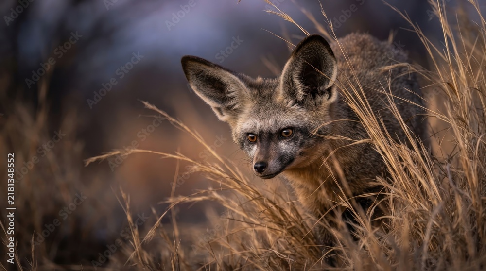 Obraz premium Bat-Eared Fox in Golden Grass: A captivating close-up of a bat-eared fox emerging from tall, dry grass, its large ears alert and expressive eyes scanning its surroundings.