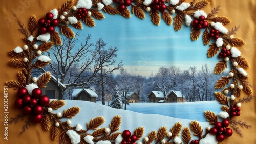 Christmas winter landscape framed by festive holiday wreath
