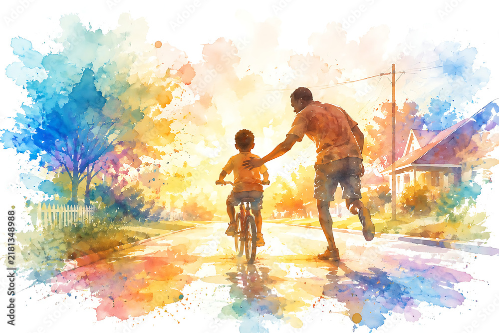 Fototapeta premium Father teaching son to ride bicycle, watercolor illustration